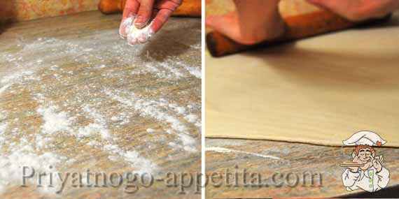 стол в муке и раскатка теста