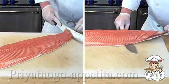 срезание филе лосося с кожи